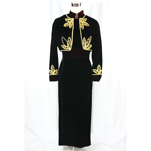 Vintage Black and Red Velvet Gold Trim Maxi Dress Gown and Jacket Bolero S 1970s - Picture 1 of 13